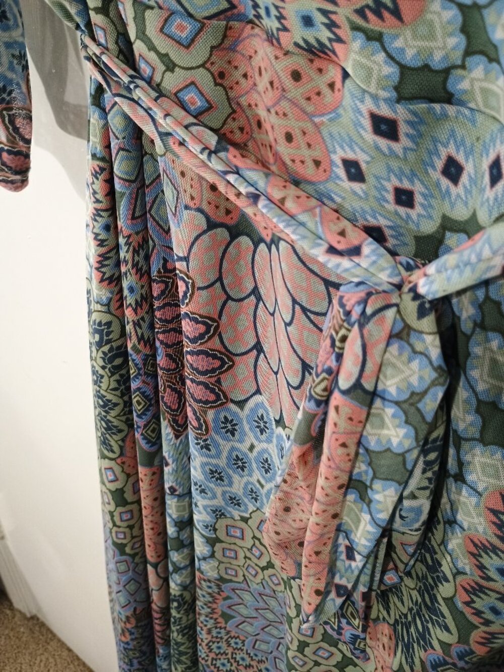 Willow & Rose 2X Boho Faux Wrap Midi Dress Blue Green Pink Geometric Floral Prin - Picture 6 of 8